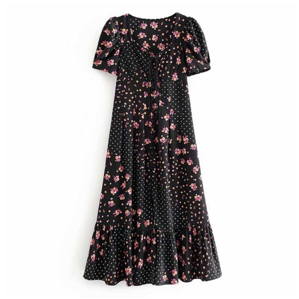 black Boho floral Print Puff sleeve midi dress - Picture 4 of 6